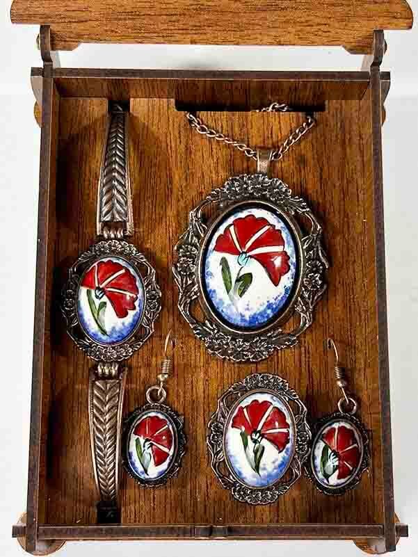 Anniversary Gift Carnation Patterned Iznik Tile Jewelry Set - 2