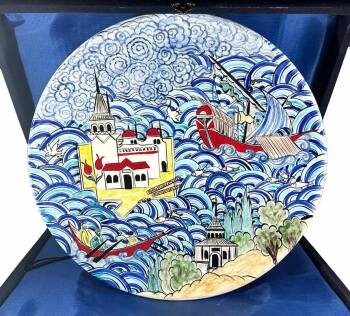 Blue Waves and Maiden’s Tower Motif Iznik Tile Plate - 1