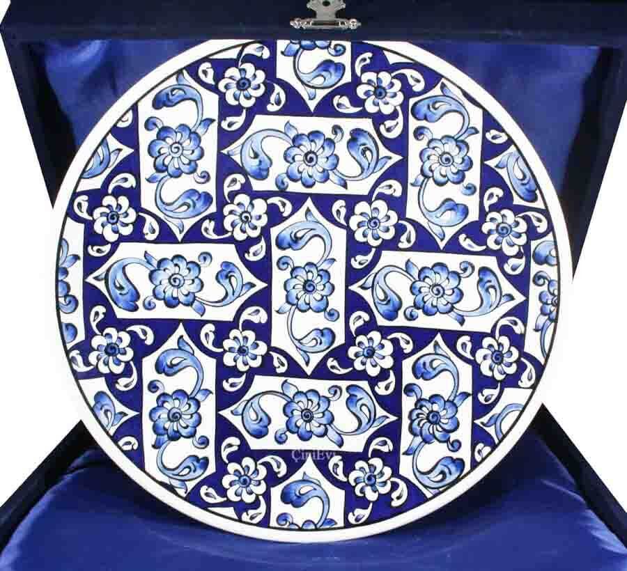 Blue White Lotus Patterned Iznik Pottery Plate - 1