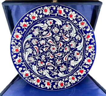 Corporate Gift Blue and White Lotus Motif Iznik Tile Plate - 1