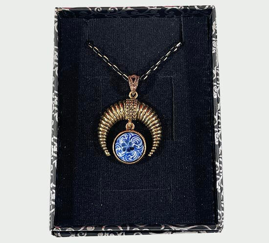 Crescent Necklace with Golden Horn and Clover Iznik Tiles - 2