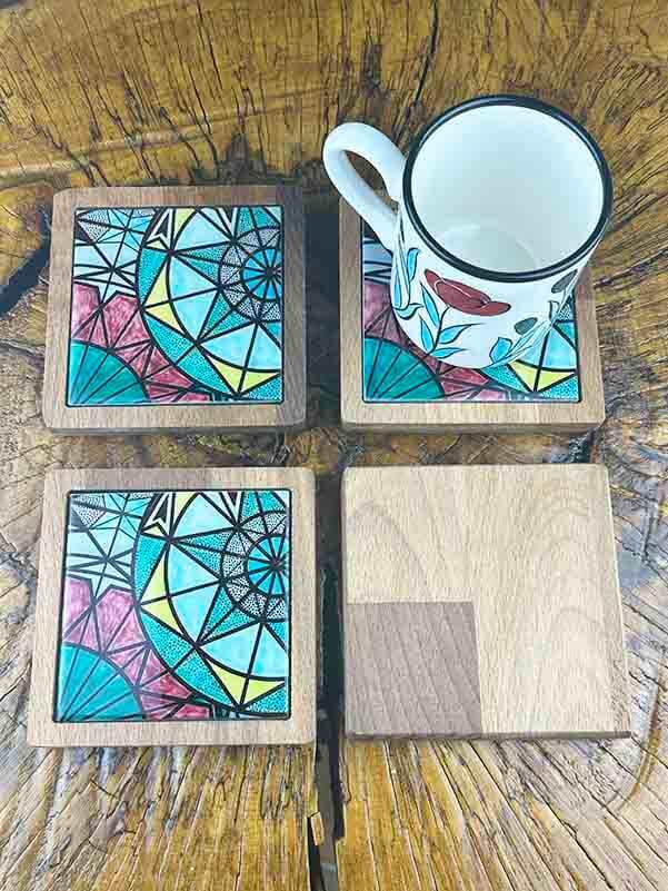 Geometrik Desen Ahşap Bardak Altlığı Takımı - 2