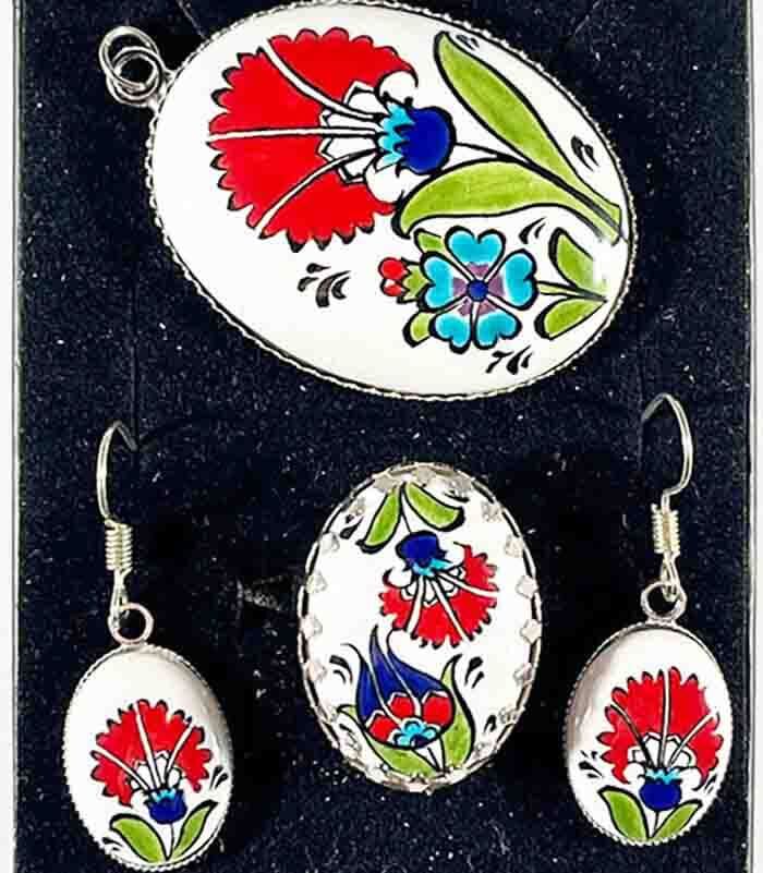 Gift for a Friend Red Tulip Patterned Iznik Jewelry Set - 1