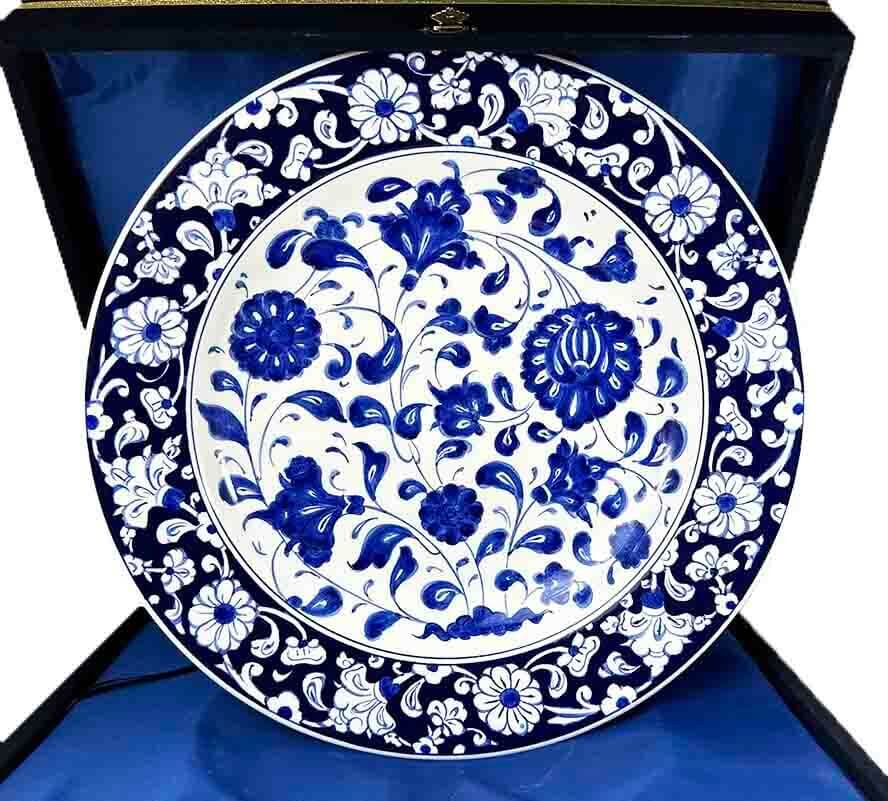 Gift for District Governor Blue and White Lotus Motif Iznik Tile Plate - 1