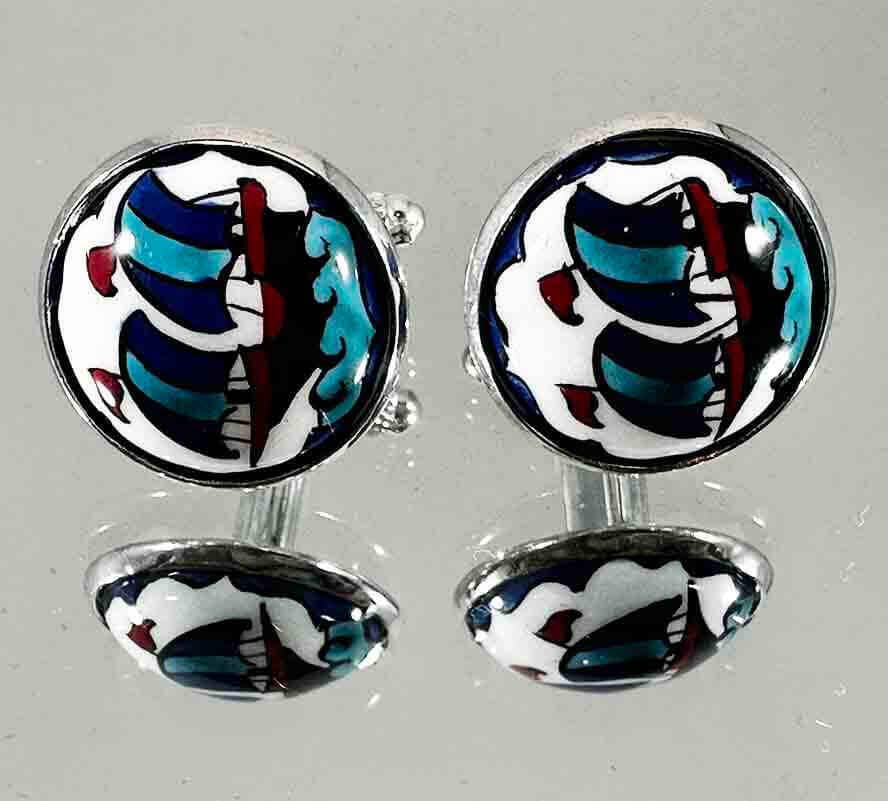 Sailor's Breeze Galleon Motif İznik Tile Cufflinks - 2