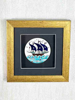 Iznik Tile Ottoman Galleon Motif Plaque with Passe-Partout Design - 5