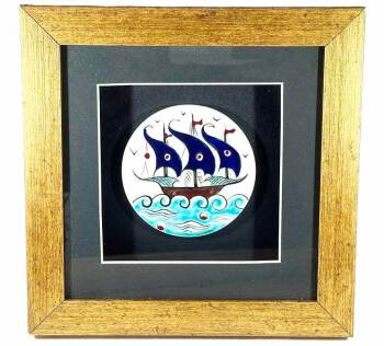 Iznik Tile Ottoman Galleon Motif Plaque with Passe-Partout Design - 1