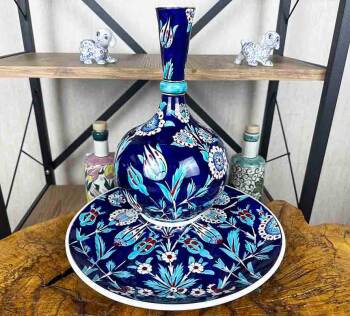 İznik Tile Vase and Plate Set with Blue Background and Night Garden Design - 1