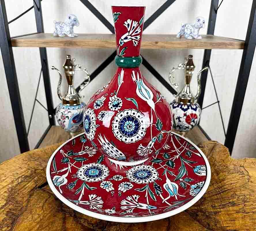 İznik Tile Vase and Plate Set with Red Background and Night Garden Design - 1