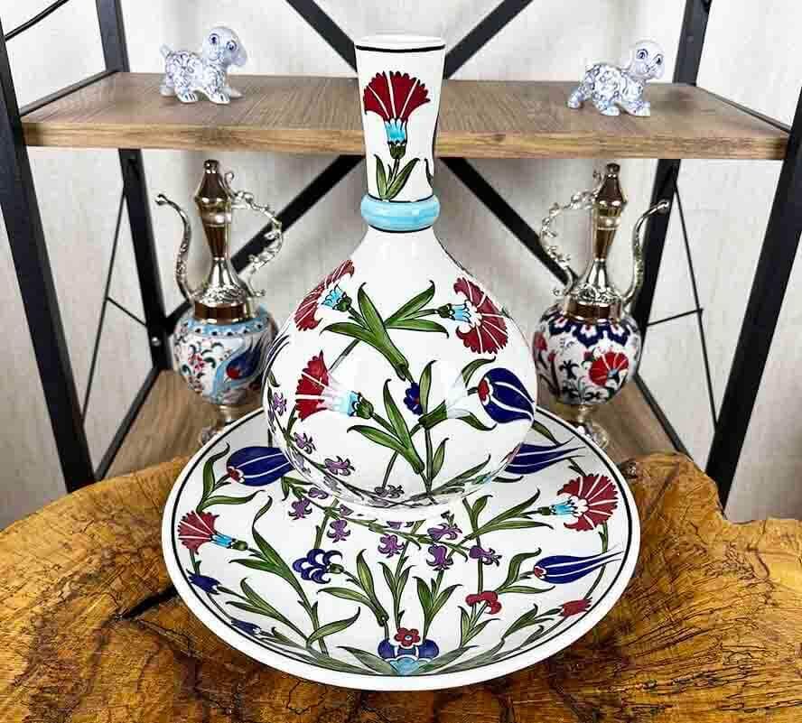 İznik Tile Vase and Plate Set with Tulip and Carnation Patterns - 1