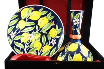 Lemon Patterned Iznik Tile Vase and Plate Set - 1st Class Handcrafted - 2