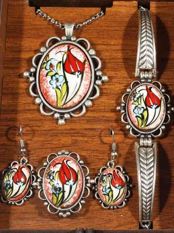 Mother's Gift Red Tulip Pattern Iznik Jewelry Set - 2