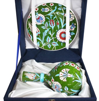 Symbol of Blessings Pomegranate Patterned Iznik Pottery Vase Plate Set - 2