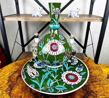 Symbol of Blessings Pomegranate Patterned Iznik Pottery Vase Plate Set - 1