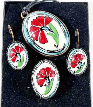 Pottery jewelry set with red carnation patterned - 1