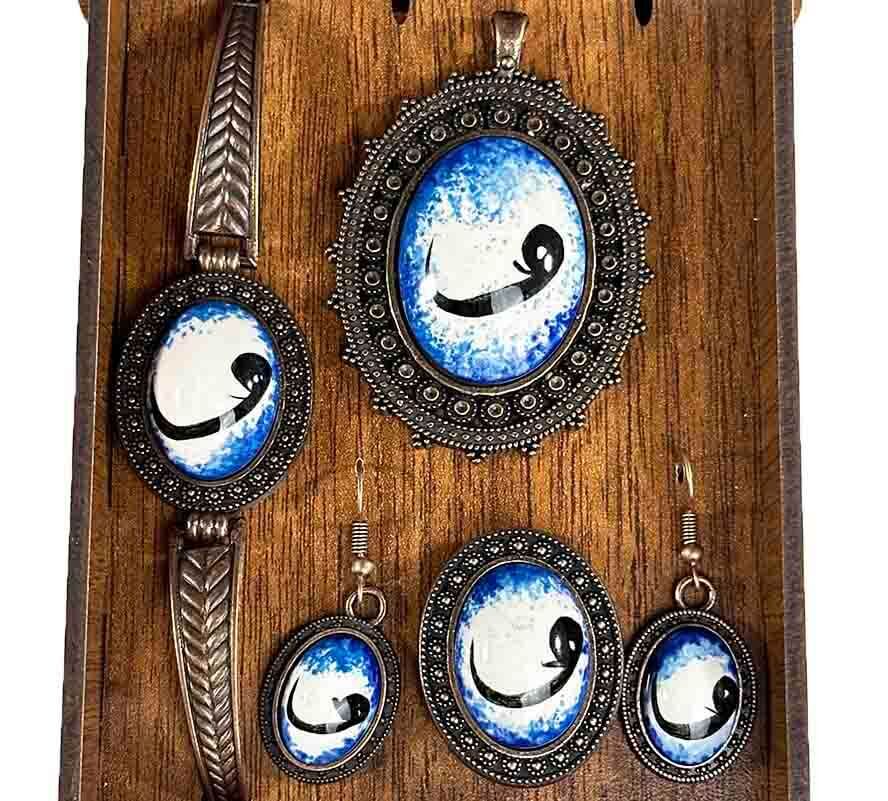 Religious Gift Iznik Tile Jewelry Set with Vav Motif - 1