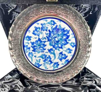 Silver Tile Plate with Blue Lotus Motif - 1