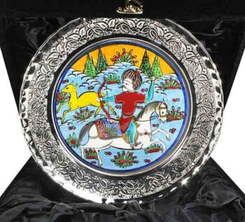 Silver tile plate with hunting scene motif - 1