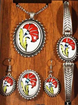 Single Carnation Motif Iznik Jewelry Set - 2