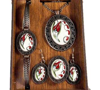 Special Tulip Patterned Iznik Tile Jewelry Set - 1