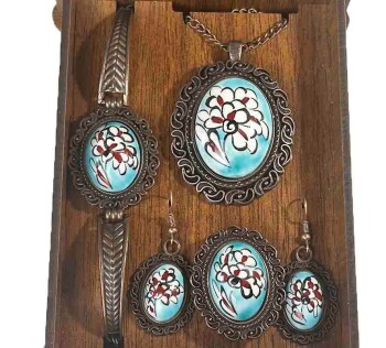 Turquoise Background Lotus Patterned Iznik Tile Jewelry Set - 1