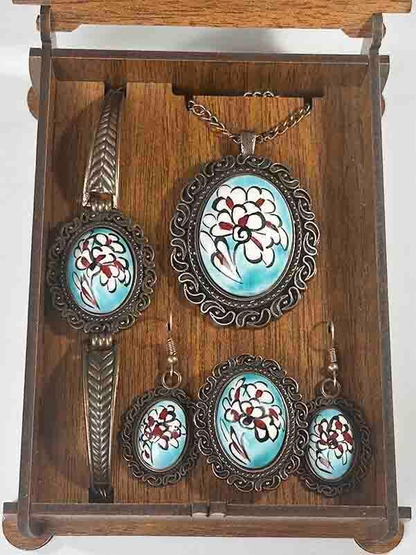 Turquoise Background Lotus Patterned Iznik Tile Jewelry Set - 2