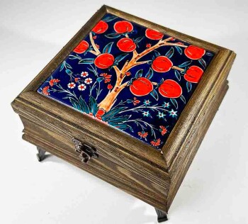 Wooden Storage Jewelry Box with Pomegranate Tree Motif - 1