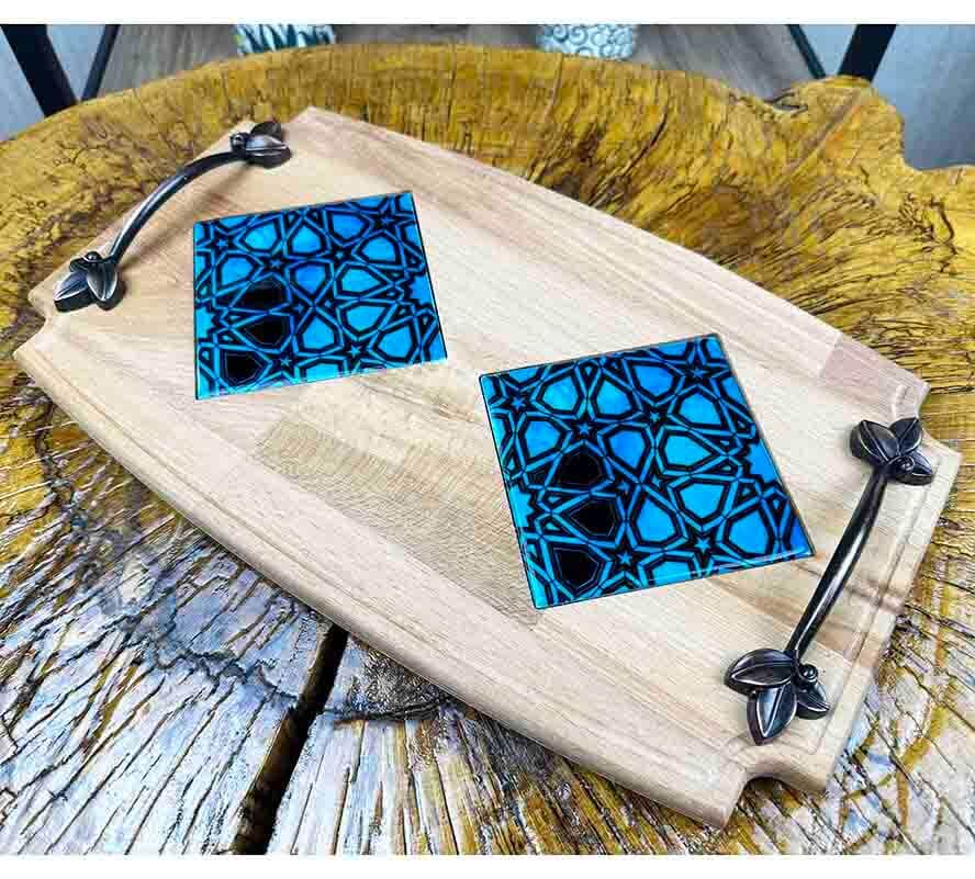 Wooden Tray with Turquoise Background and Seljuk Star Design - 1