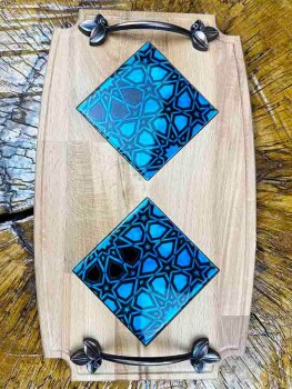 Wooden Tray with Turquoise Background and Seljuk Star Design - 2